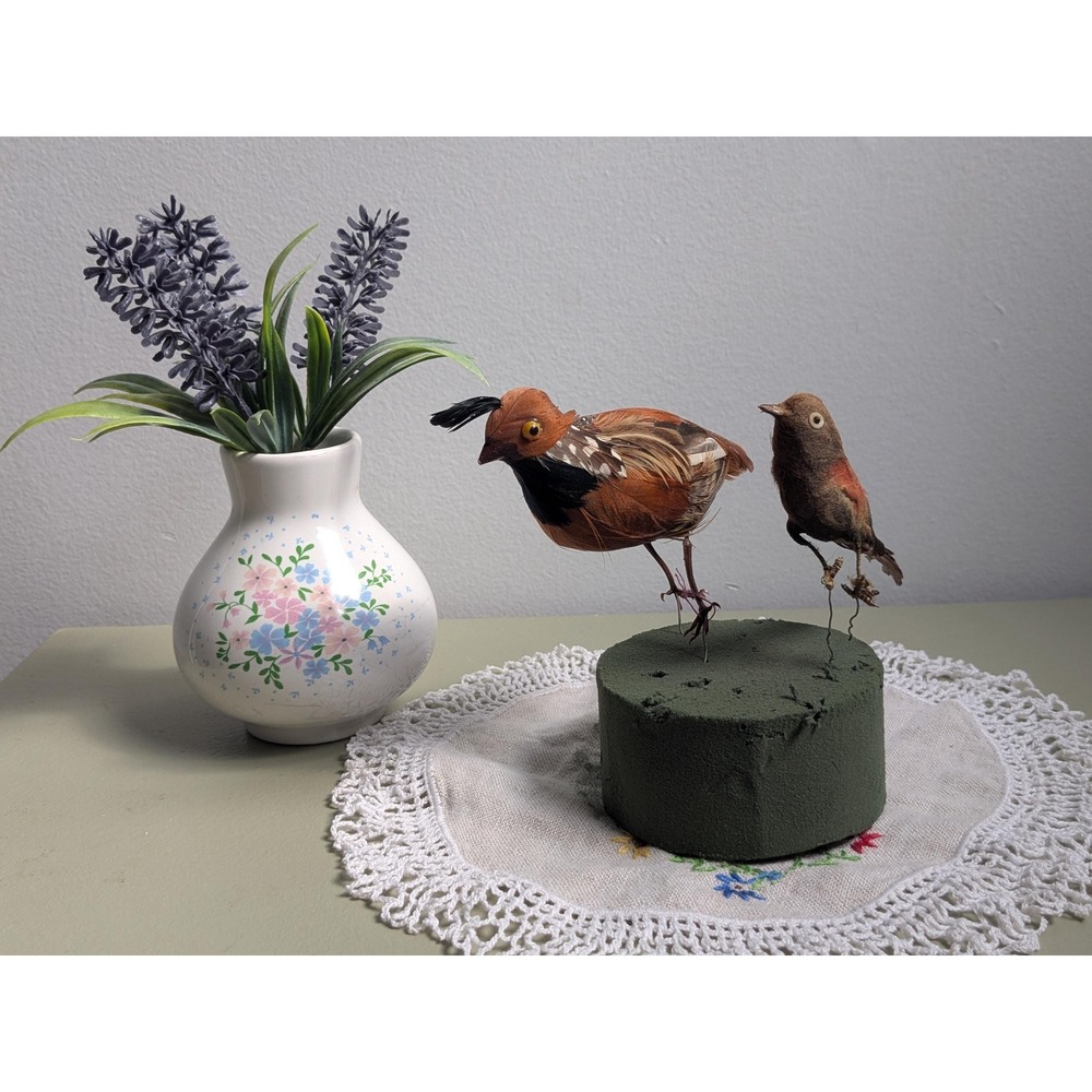 Vintage Feather Birds Set of 2 Quail Spun Cotton Floral Picks Woodland Decor
